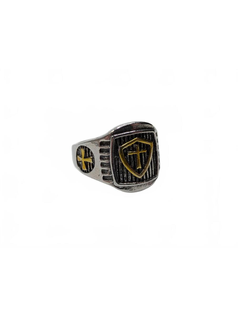 Silver and Gold Accented Holy Cross Shield Ring Mens Size 10 Stainless Steel